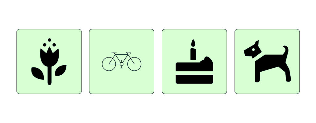 flower, bicycle, cake and dog icons. bicycle icon has different weight