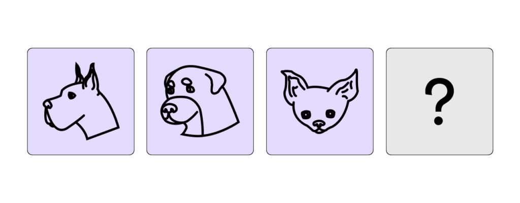 three icons of dogs in similar style and one question mark